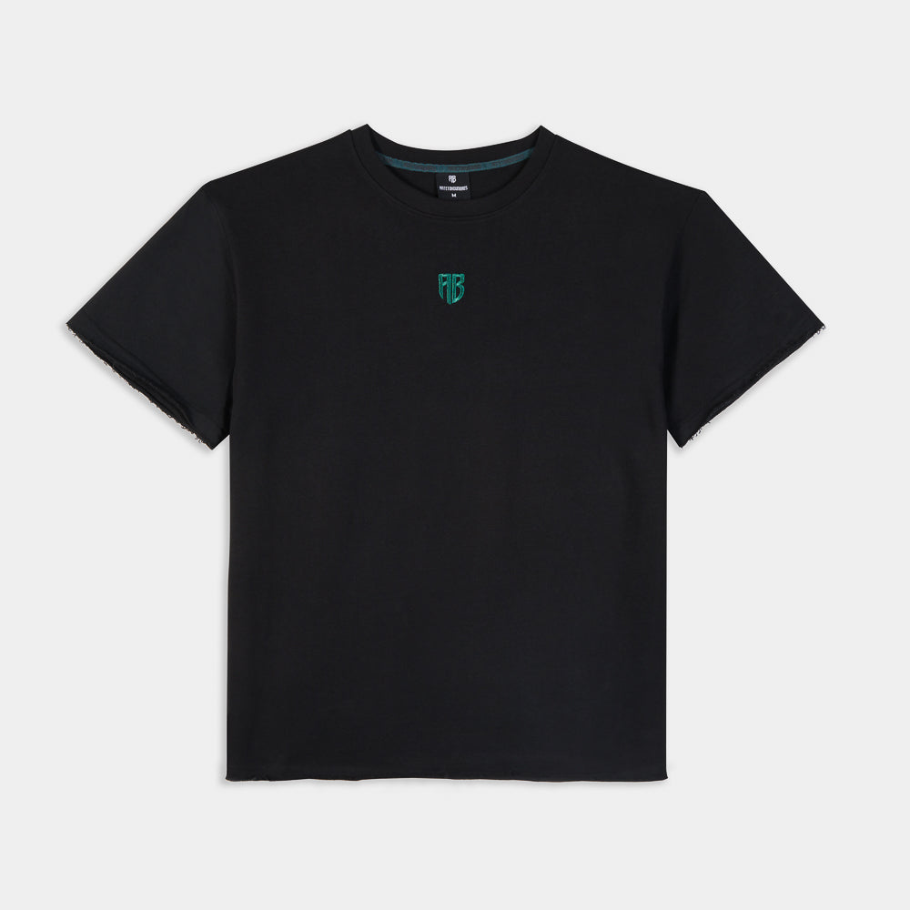Black t-shirt with a green logo on a white background