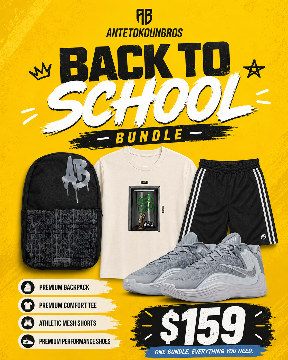 $159 Adult Size - Back To School Bundle - (Shirt, Shorts, backpack + Shoes)