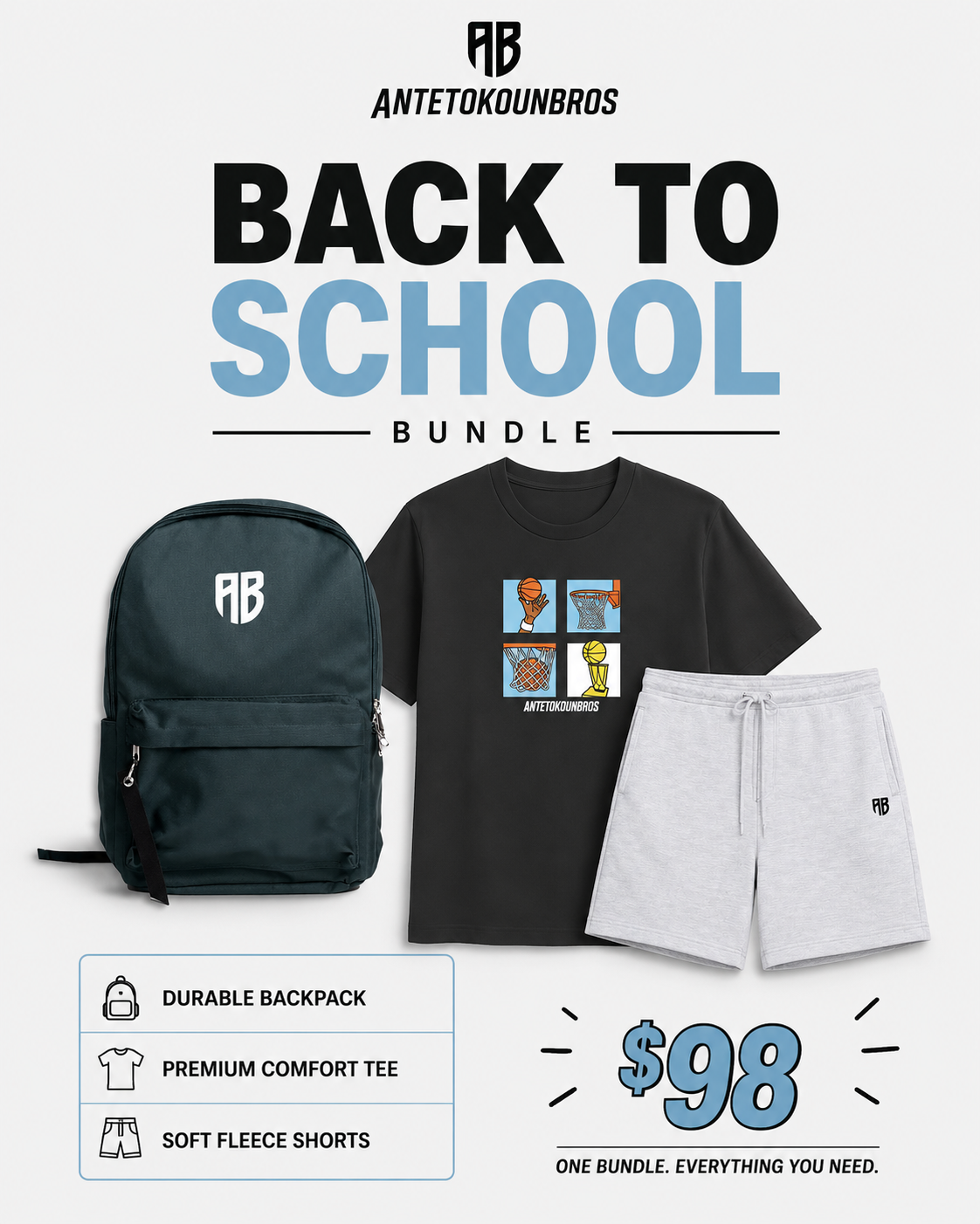 $98 Youth Size - Back To School Bundle - (Backpack, T-Shirt, Shorts)