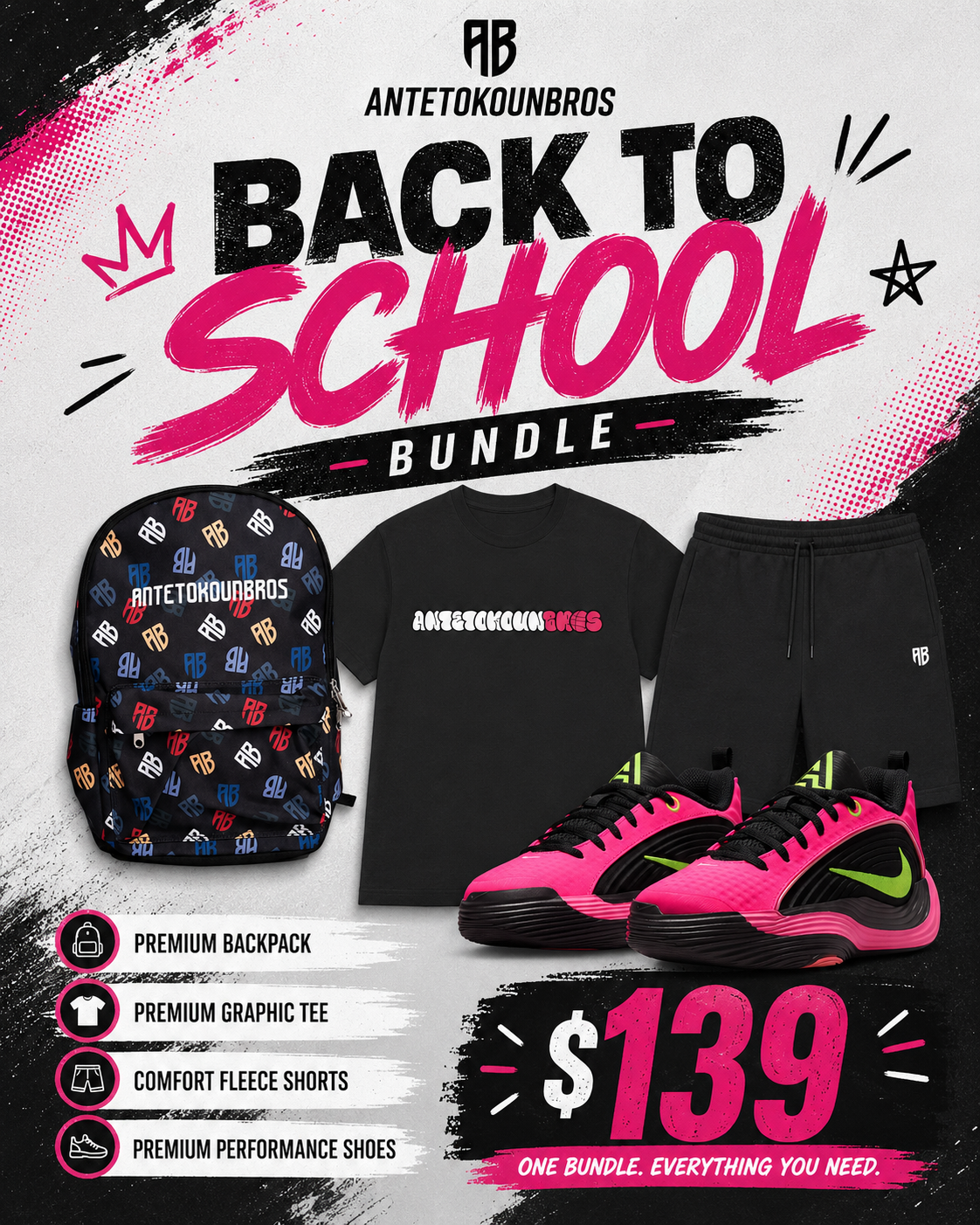 $139 Youth Size - Back To School Bundle - (Shirt, Shorts, backpack + Shoes)
