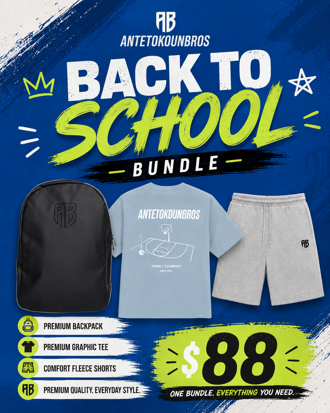 $88 Youth Size - Back To School Bundle - (Backpack, T-Shirt, Shorts)